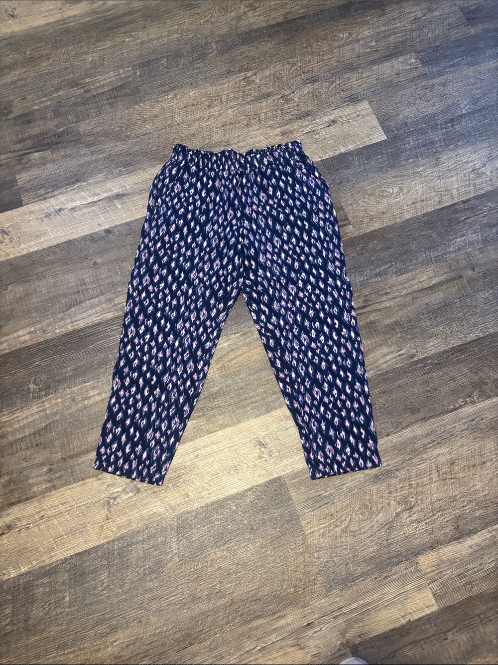 LOFT Navy Blue Printed Cropped Pants with Pink Accent
